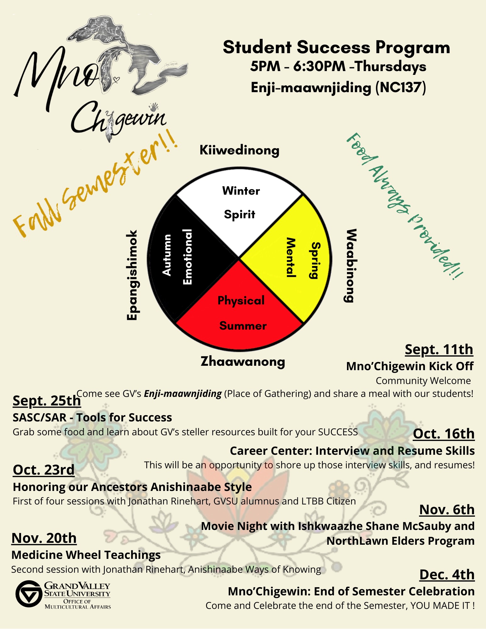 An event flyer titled 'Mno&#8217;Chigewin Winter 2025 Gatherings' with the time '6 - 7:30 pm in NC137' written on a red banner at the top. The flyer lists the following events and dates:  Jan. 16: Kick-off Medicine Wheel Teachings Jan. 30: Stress Management Skills Feb. 13: Career Fair Prep Feb. 20: Career Fair 11 AM - 5 PM March 27: Exam Cram w/SASC April 17: Year-End Celebration Details TBA April 24: Graduation Celebration / Feast The flyer features a decorative illustration of colorful flowers and vines at the bottom, surrounding a Medicine Wheel symbol with four quadrants in black, red, yellow, and white.